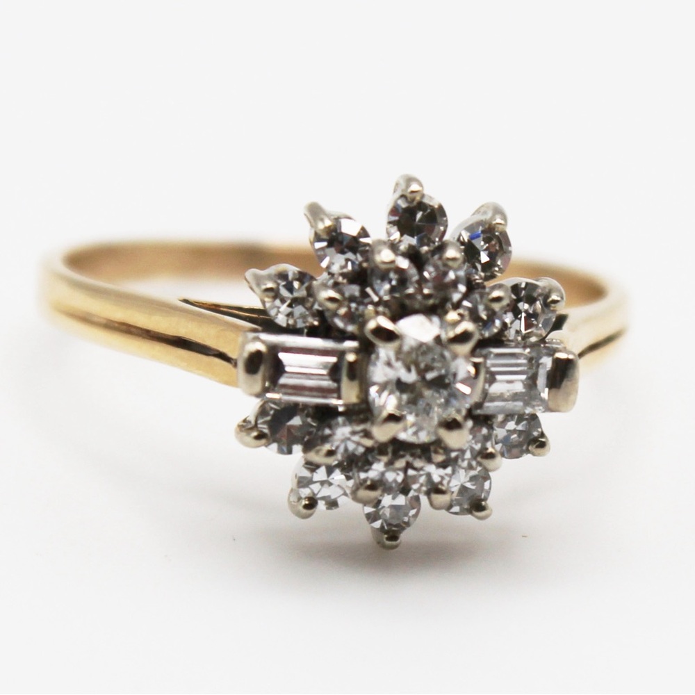 Yellow and white gold cluster ring  .086 ct diamonds in total.  Size 9